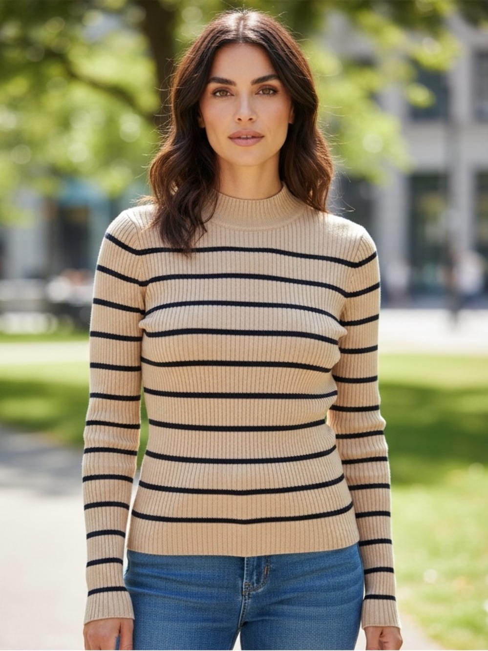 Love Tree // Beige and Black Striped // Ribbed Crewneck Sweater